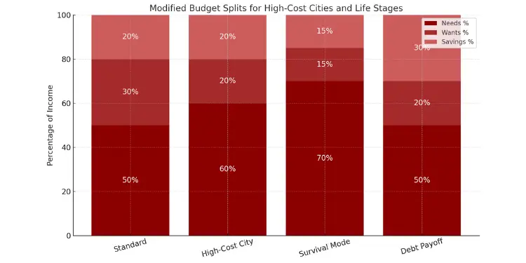 Stacked bar chart showing modified 50/30/20 budget splits for various life stages and cities