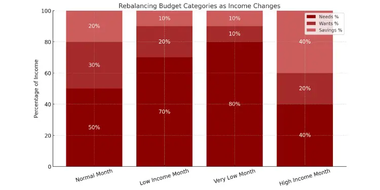 Stacked bar chart showing how to rebalance budget categories based on income changes