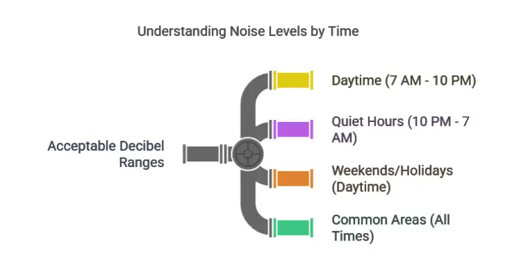 Infographic illustrating acceptable noise levels by time: daytime, quiet hours, weekends, common areas.