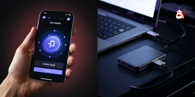 Phone showing hot wallet app and hardware wallet connected to laptop