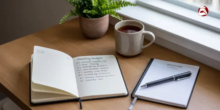 Budget journal with monthly plan and gratitude notebook on a desk