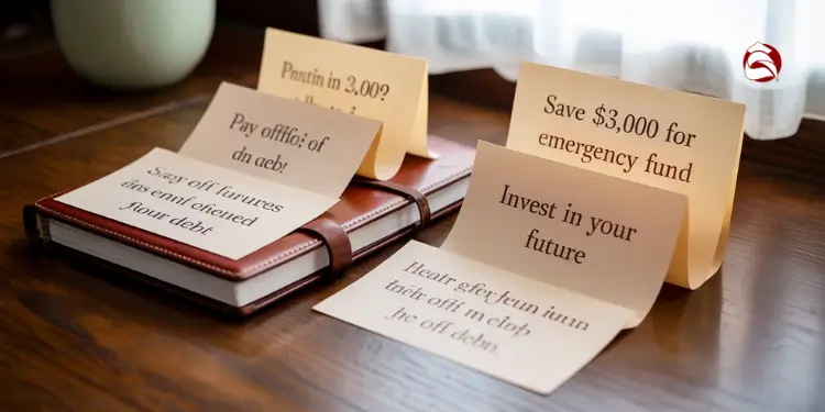 Sticky notes with budget goals and motivational messages on top of a notebook