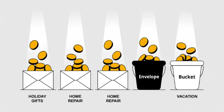Graphic of labeled envelopes and buckets for Holiday Gifts, Home Repair, and Vacation