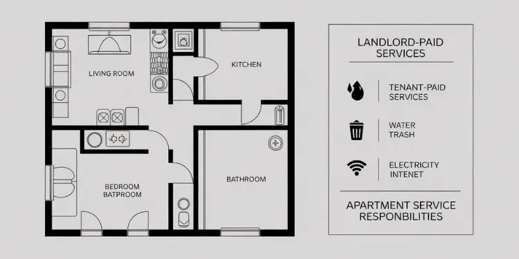Apartment layout schematic highlighting which services (water, trash, electricity, internet) each party pays