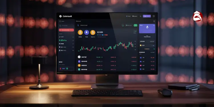 Monitor with cryptocurrency trading dashboard and price chart