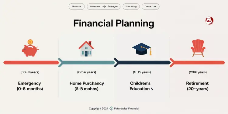 Timeline with financial goals like emergency, education, and retirement