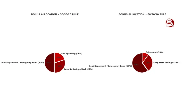 Pie charts comparing bonus allocation under two budgeting rules