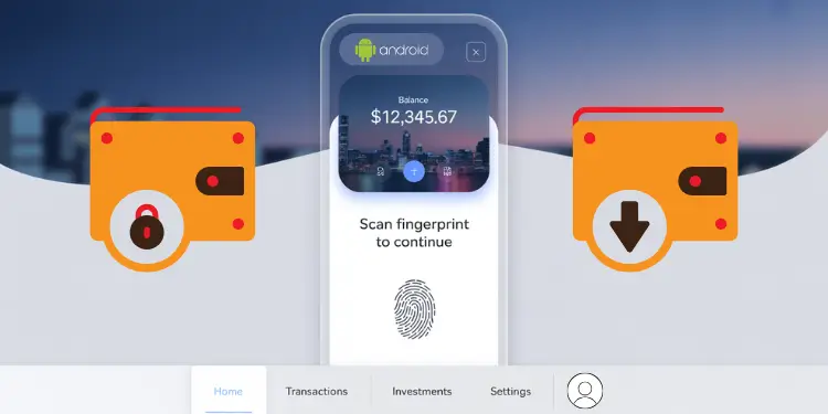 Android smartphone displaying fingerprint prompt to unlock crypto wallet with icons.
