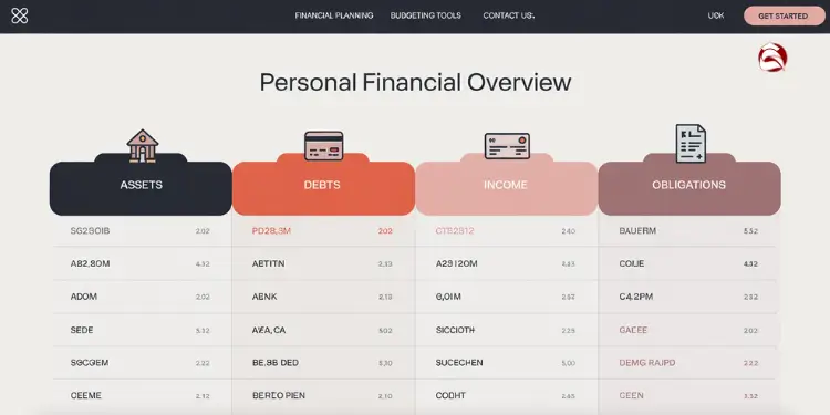 Financial overview showing assets, debts, income, and obligations