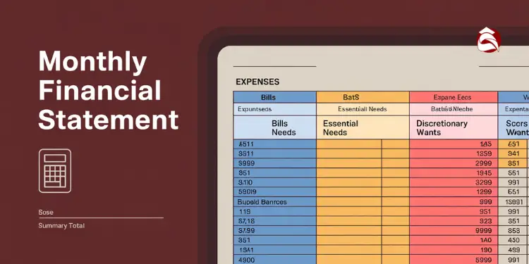 Monthly financial statement showing categorized needs and wants