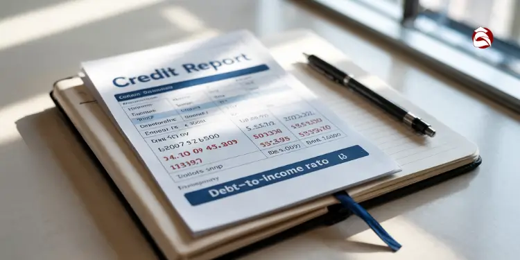 Credit report document on notebook beside a pen on a desk