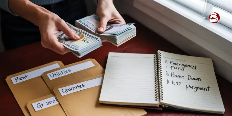 Cash envelopes next to a handwritten list of financial goals