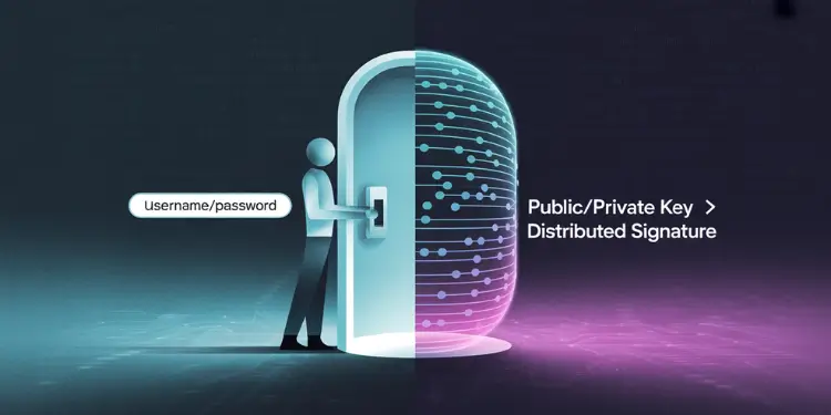 Image split between a user entering username/password and a digital lock representing public/private key authentication.