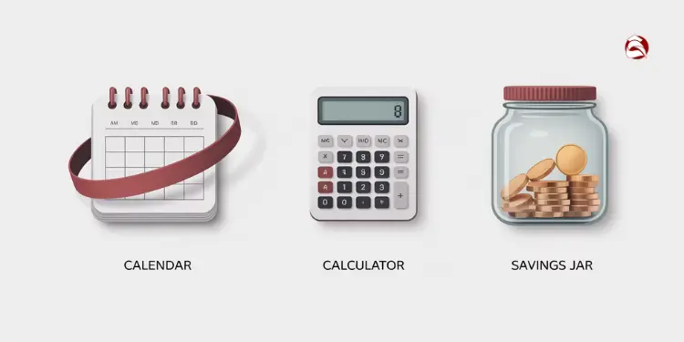 Icons of calendar, calculator, and savings jar for budgeting tools