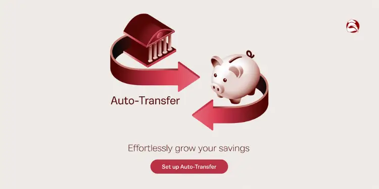 Bank-to-piggy bank auto-transfer graphic with arrows