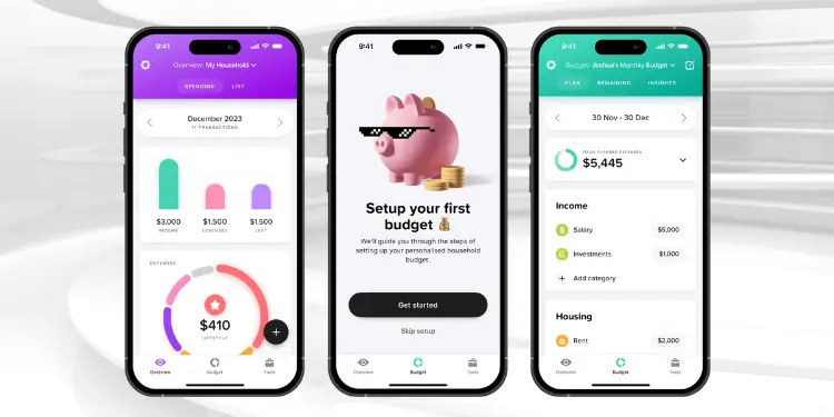 Three phone screens with colorful budget progress charts, spending bars, and a setup prompt.