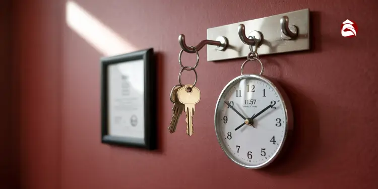 Wall clock with keys hanging on hook next to it
