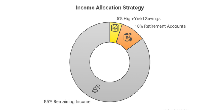 Income allocation strategy donut chart showing 5 percent savings, 10 percent retirement, 85 percent remaining