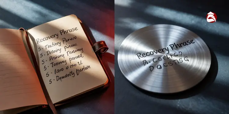 Notebook and metal plate showing recovery phrases