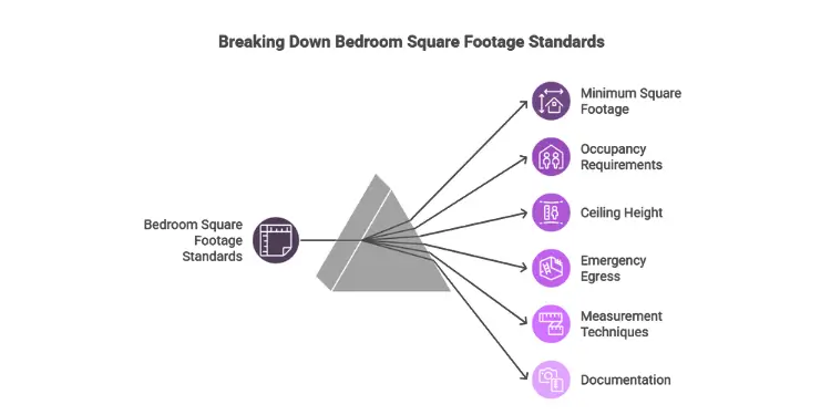 Flow diagram illustrating bedroom square footage standards with icons for key requirements