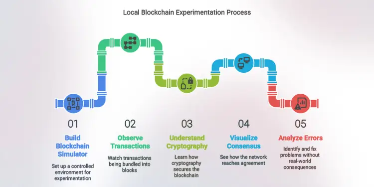 Colorful diagram of blockchain simulation steps, from setup to error analysis