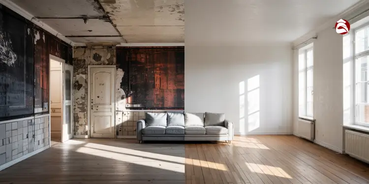 Split image of apartment before and after renovation with clean interior