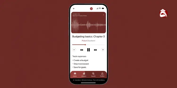 Audiobook app playing budgeting basics with voice waveform display