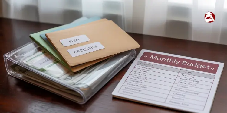 Cash envelopes labeled rent and groceries with budget card