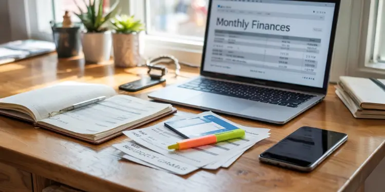 Desk with statements, laptop showing finances, highlighter and phone