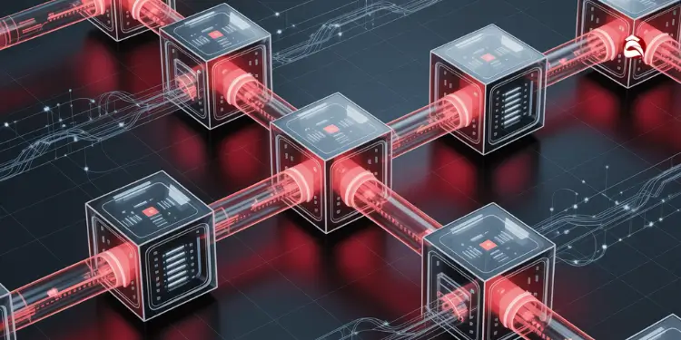 Red-glowing tubes linking digital blocks in a high-tech grid system