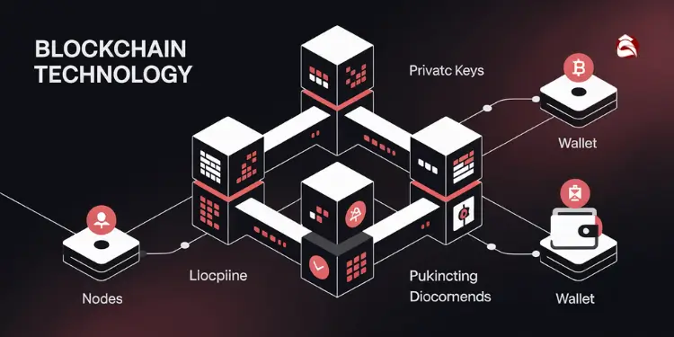 Diagram of blockchain components like nodes, wallets, private keys