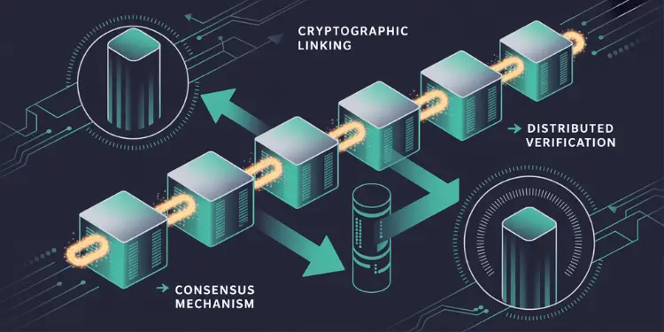 Graphic of sequential blockchain blocks connected by cryptographic links with verification arrows.