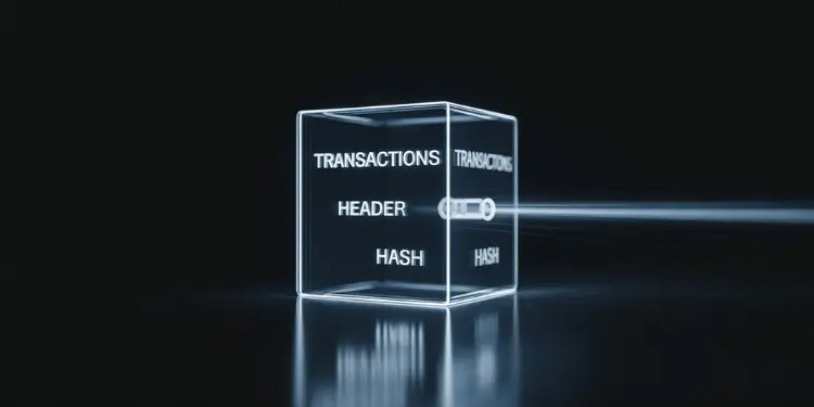Transparent cube diagram showing a blockchain block’s internal structure: transactions, header, and hash.