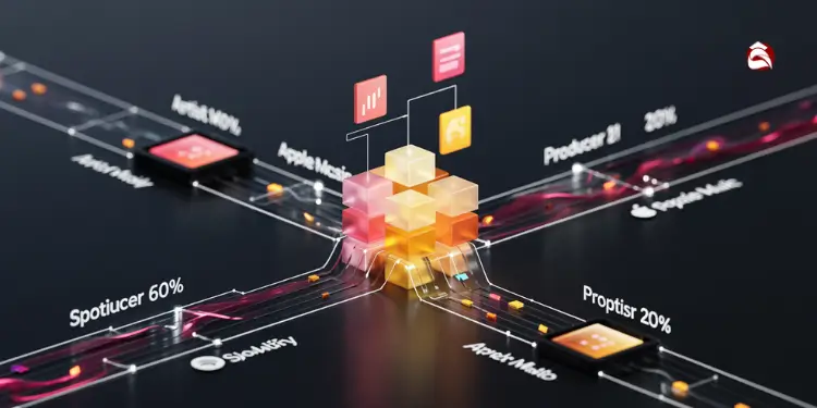 Graphic showing revenue flow across media platforms using blockchain