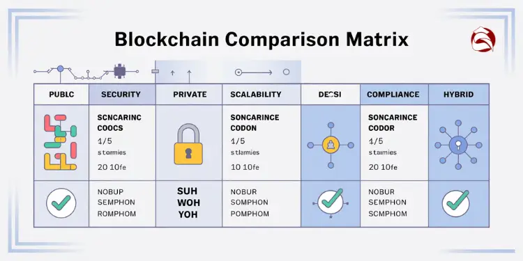 Blockchain matrix showing public, private, hybrid, scalability, security, compliance