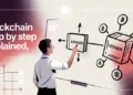 Person illustrating a blockchain ledger connected to multiple nodes on a digital whiteboard.