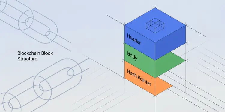 Blockchain block structure: header, body, hash pointer