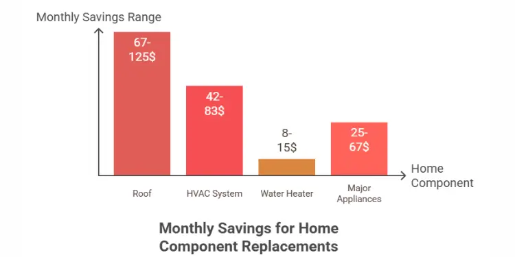 Bar chart of monthly savings ranges for replacing roof, HVAC, water heater, and appliances