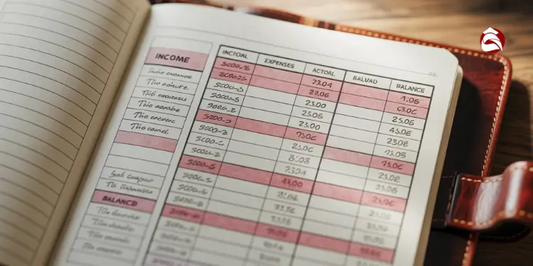 Open budget notebook with income and expense tracking columns