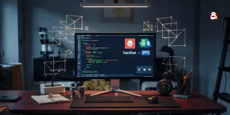 Workstation with code editor open, showing smart contract development tools