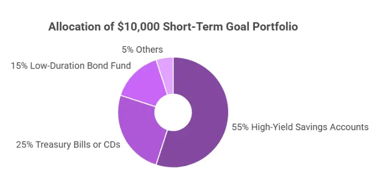 Donut chart shows \$10k short-term portfolio split: savings, bills, bond fund, others