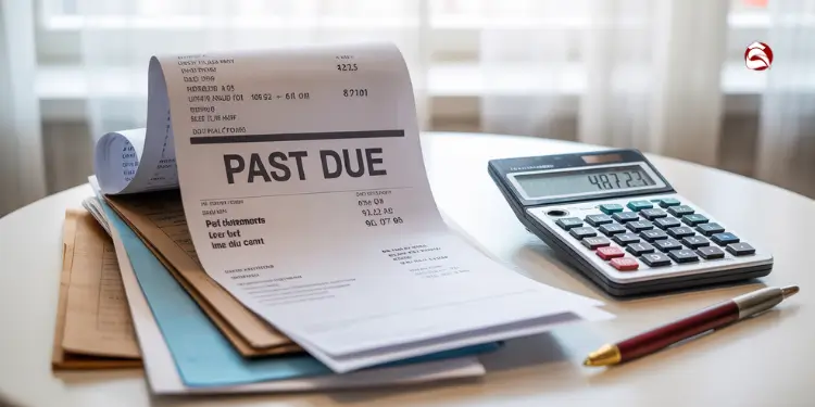 Bills and receipts laid out on a dark red table