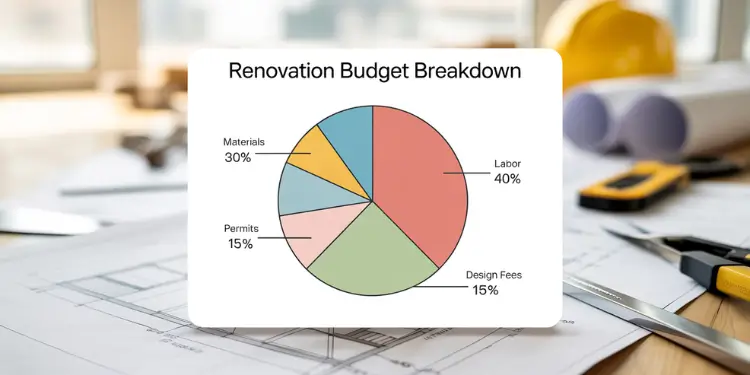 Pie chart showing labor, materials, and fees in renovation budget.