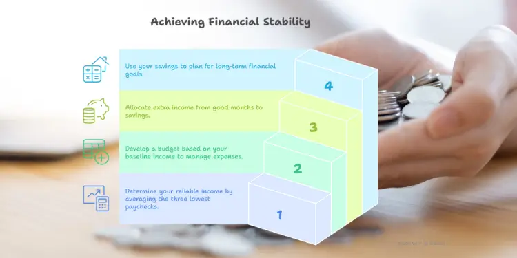 Four-step block diagram titled Achieving Financial Stability over hands holding coins.