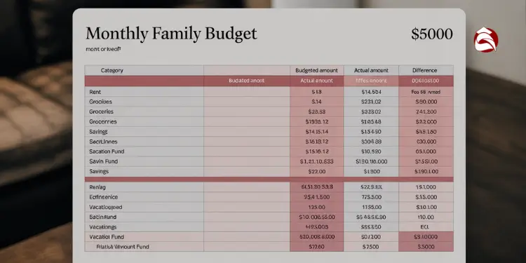 Monthly family budget sheet showing budgeted and actual differences