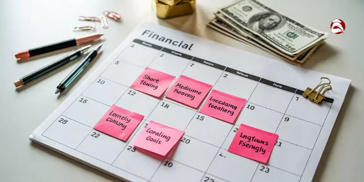 Financial calendar with sticky notes for goal planning and dollar bills beside it