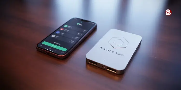Smartphone showing hot wallet interface next to external hardware wallet