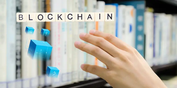 Minimalist roadmap graphic labeled “BLOCKCHAIN” for book selection.