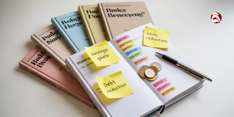 Budgeting notebooks and coins with labeled savings goals
