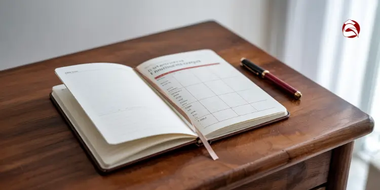 Open planner on a desk showing a financial planning layout and blank page
